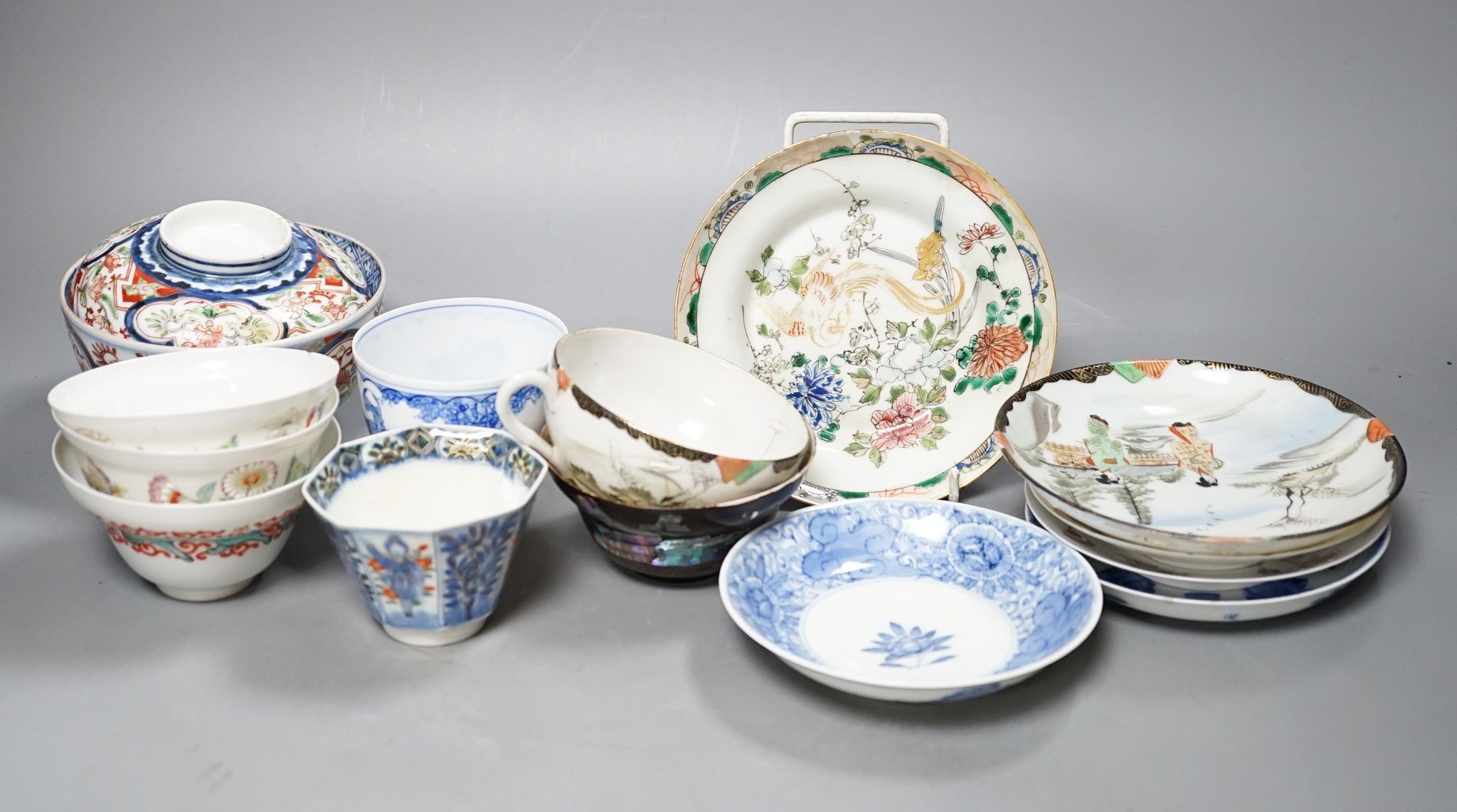 A group of Japanese porcelain tea wares and a rice bowl and cover